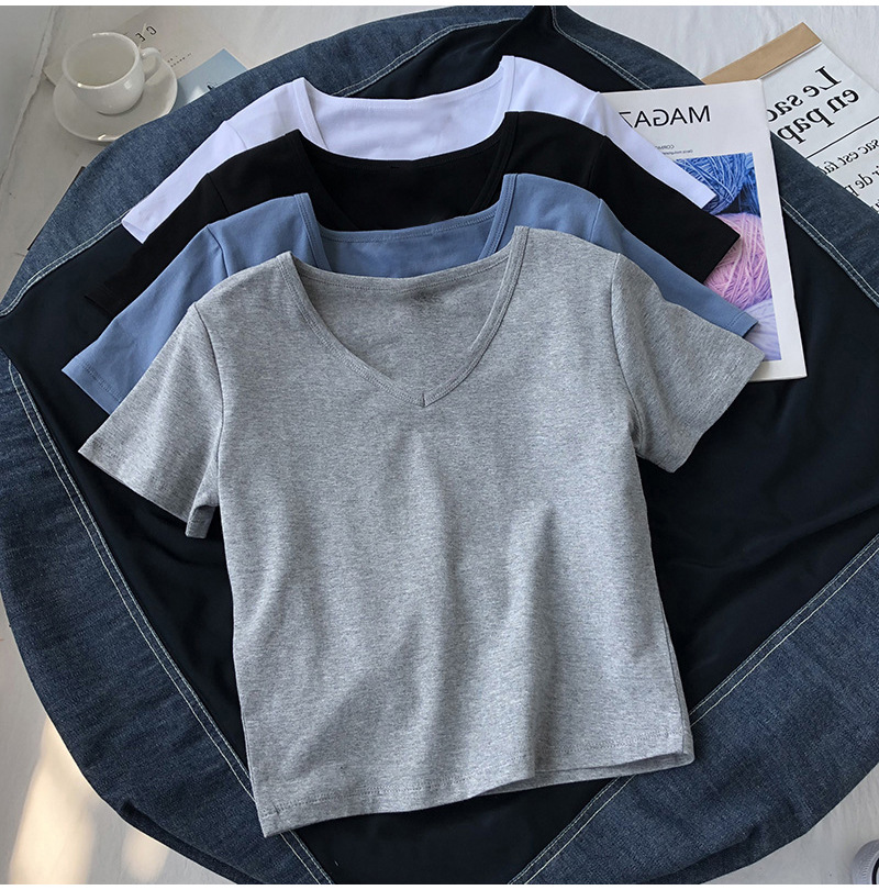 #Ins European and American tight short sleeved V-neck solid color short T-shirt women's summer thin high waist navel exposed top women's fashion