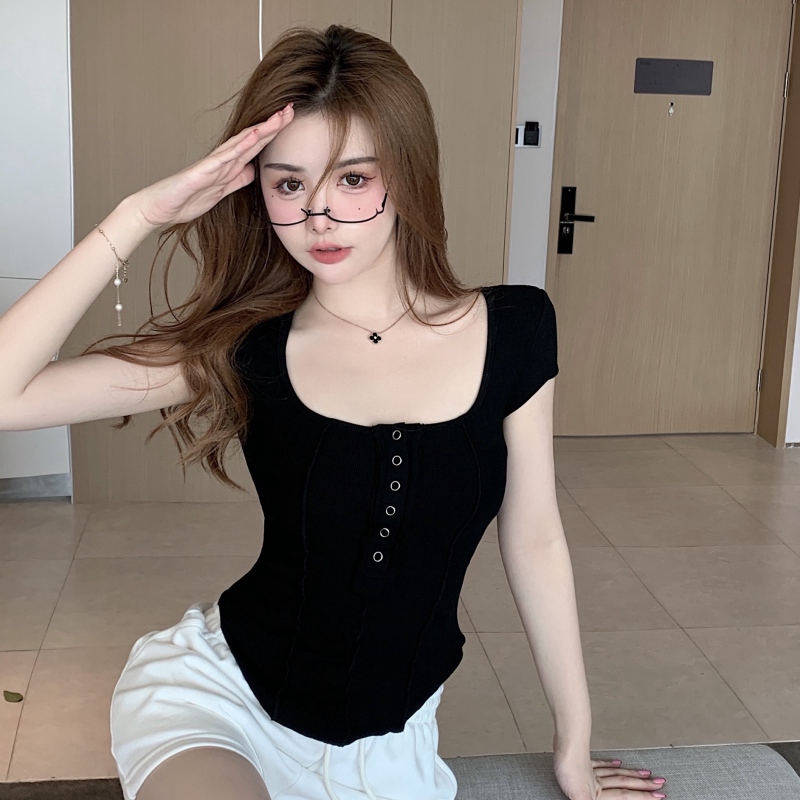 Official T-shirt women's design sense of minority irregular square neck tight