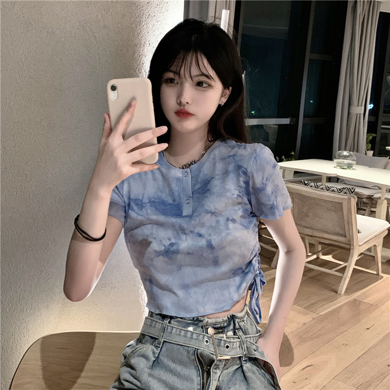 Official figure Imitation cotton 95% polyester 5% spandex minority blue tie dyed drawstring top short exposed navel