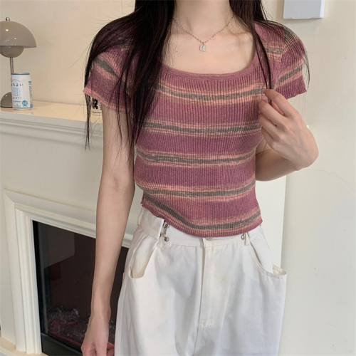 Real price summer new color contrast stripe square neck thin sweater short sleeved women's top