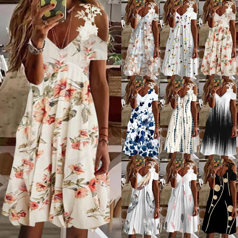 2022 European and American summer cross border women's Amazon printed skirt off shoulder lace short sleeved dress