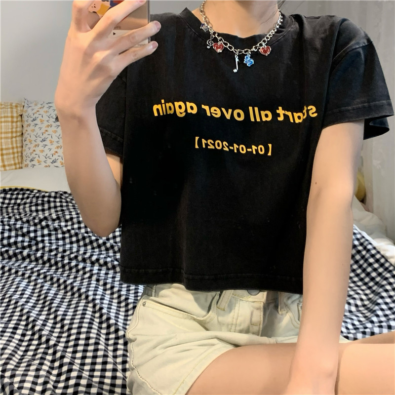 Summer new Korean slim fit short student top letter printed short sleeved T-shirt women's fashion