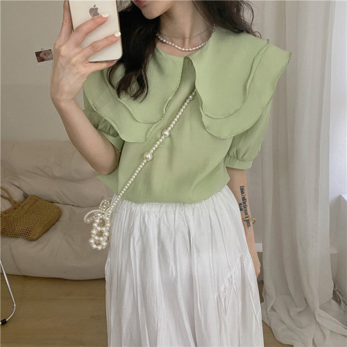 Actual shooting of 2022 summer new ins Korean version sweet wind double-layer lotus leaf collar short sleeve shirt, niche top