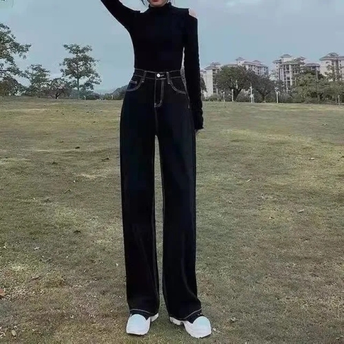 Spring and autumn 2022 black jeans female Korean students loose wide legs high waist versatile straight tube slim pants
