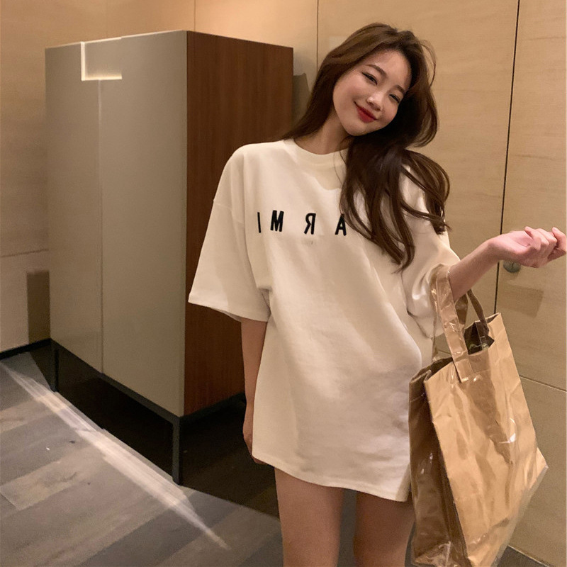 Half sleeve T-shirt women's fashion loose Korean version medium long short sleeve letter embroidery top women's summer