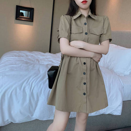  new summer Korean polo collar skirt with thin waist, short sleeve sweet work dress, women's fashion