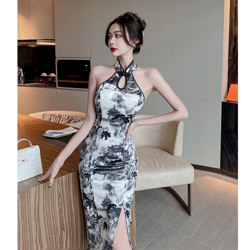 Actual shooting of new small sexy women's neck hanging hollow out retro improved cheongsam dress