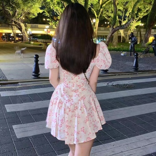 Floral short sleeve dress Summer Angel bubble sleeve princess skirt  summer new off shoulder short skirt