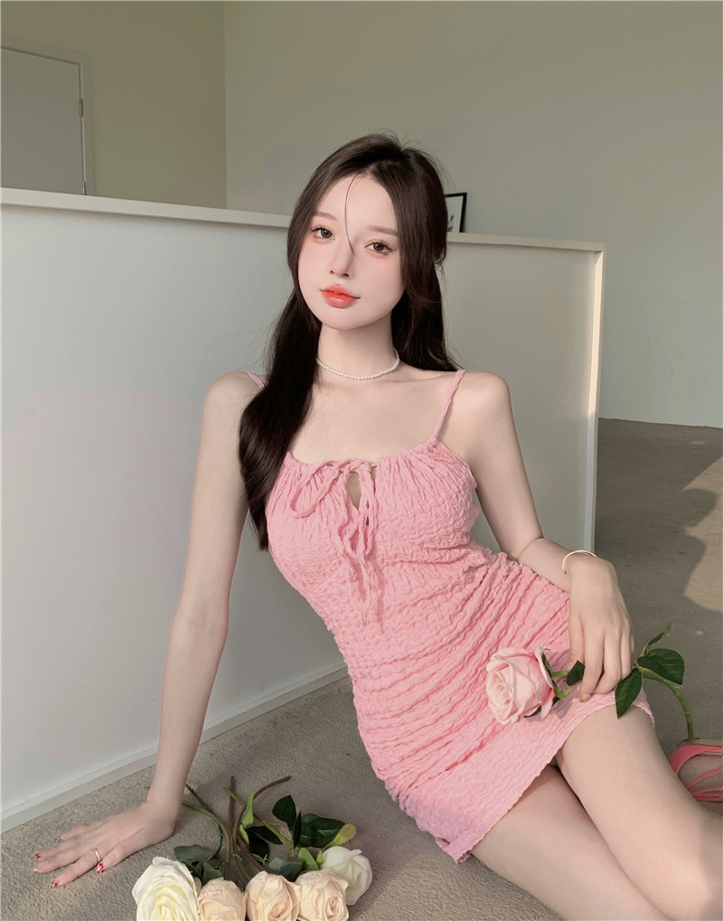 Real price lace up slim wrap hip waist strap dress