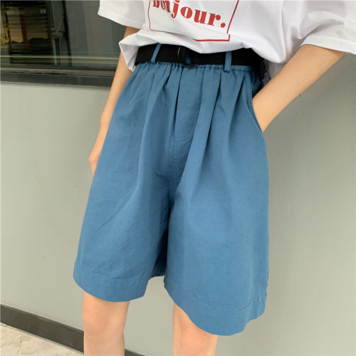 Pure cotton official pure cotton pants with belt women's summer casual Korean five point wide leg pants