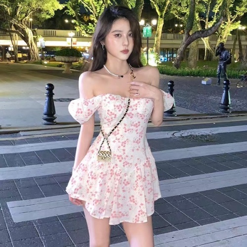 Floral short sleeve dress Summer Angel bubble sleeve princess skirt  summer new off shoulder short skirt