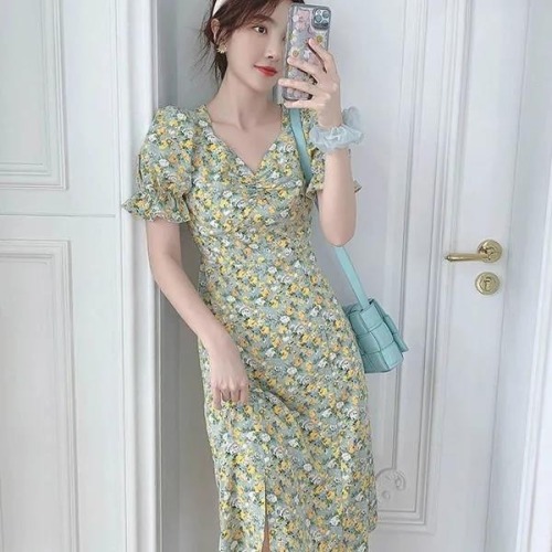 Chiffon bubble sleeve floral dress for women in summer