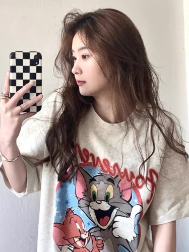 Cat and mouse Tom and Jerry Vintage cartoon printed loose summer couple round neck American Short Sleeve T-Shirt