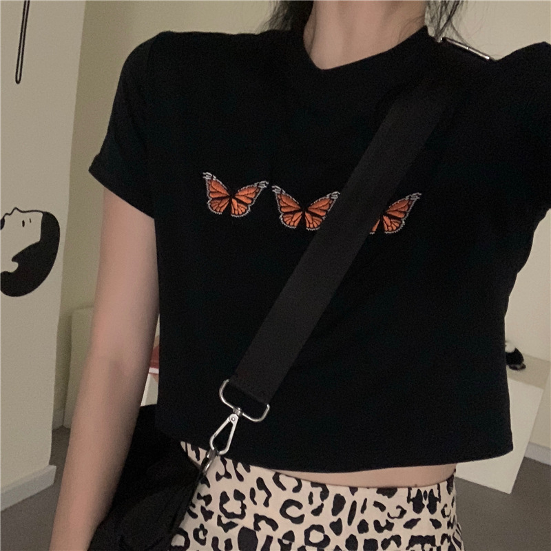 Printed net red butterfly short T-shirt bottom shirt female summer Korean round neck short sleeve student slim fit top