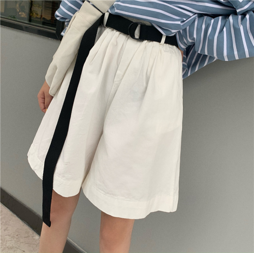 Pure cotton official pure cotton pants with belt women's summer casual Korean five point wide leg pants