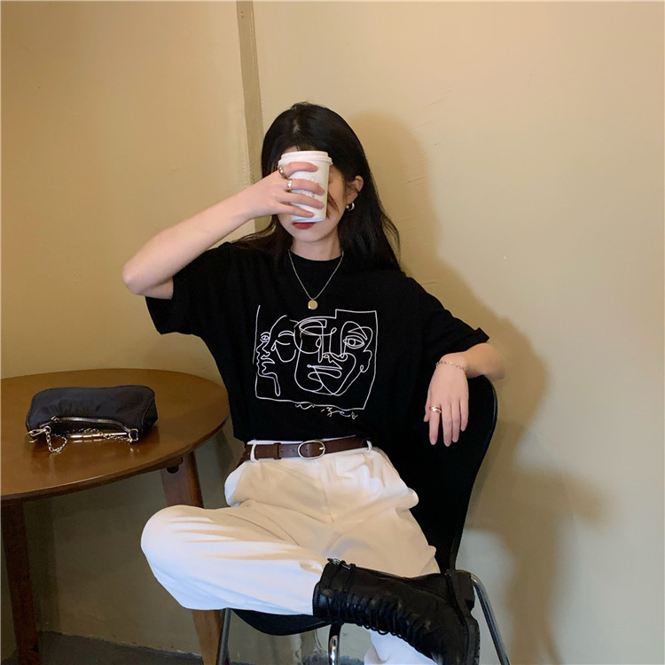 Summer new ins Vintage loose and versatile line printed short sleeved T-shirt women's underwear bottomed shirt fashion