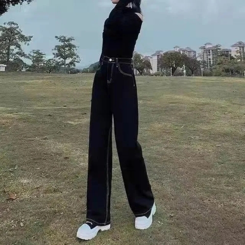 Spring and autumn 2022 black jeans female Korean students loose wide legs high waist versatile straight tube slim pants
