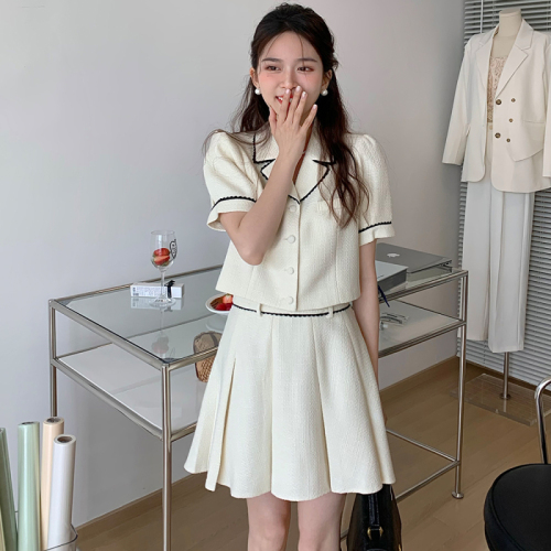 Real shot French elegant temperament retro small fragrance lace embellishment suit collar a-word high waist skirt short sleeve suit