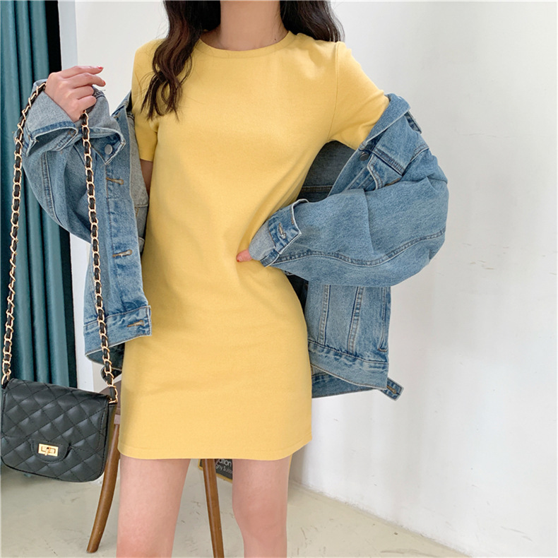 Summer new Korean slim fit solid color short sleeve T-shirt women's medium and long dress women's fashion