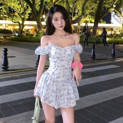 Floral short sleeve dress Summer Angel bubble sleeve princess skirt  summer new off shoulder short skirt