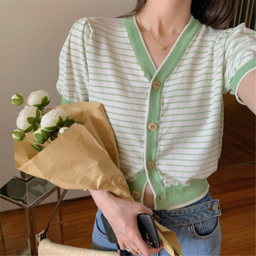 Striped collar short sleeve ice silk sweater women's summer new retro style slim short cardigan top