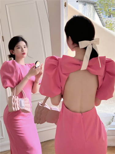 Real shooting summer Sexy Pink backless big bow dress bubble sleeve Hip Wrap long skirt female