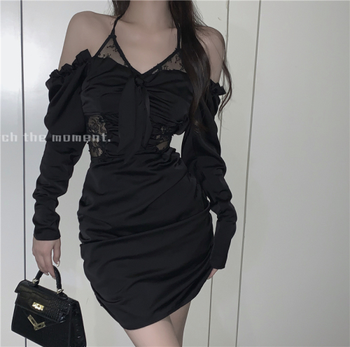Real price ~ Sexy off shoulder bow knot pleated gas lace hollow out neck suspender Hip Wrap Dress