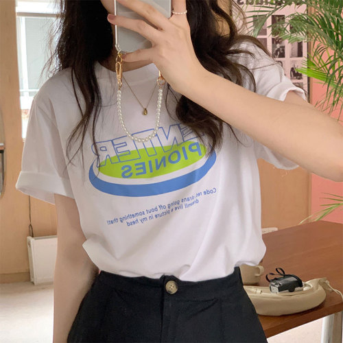 Real shooting of College style casual and versatile new letter printed top Korean Vintage loose round neck t-shirt female