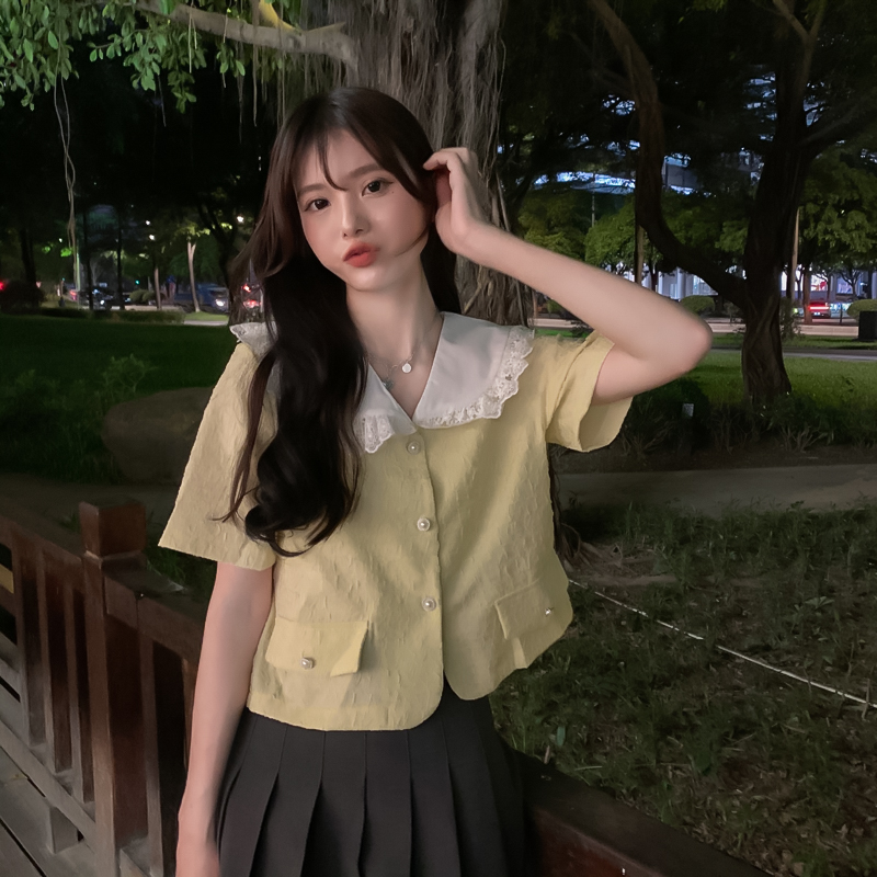 Real price new style foreign style small fragrance lace doll collar short blouse women