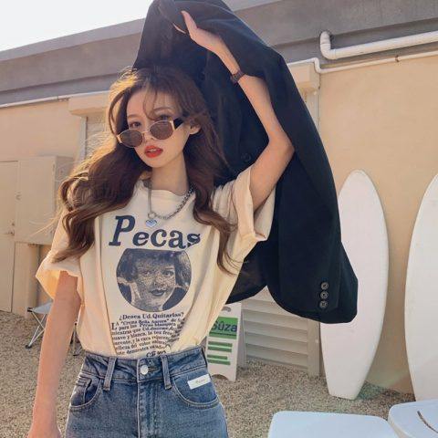 Cotton American retro short sleeve T-shirt women's new summer design sense of minority loose and versatile top half sleeve T-shirt fashion