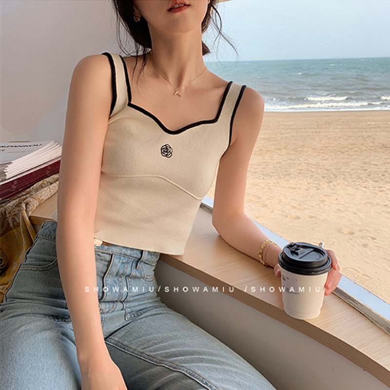 Suspender sleeveless embroidery small fragrance 2022 summer versatile contrast color top backing careful machine short vest
