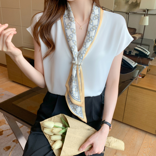 White Tie Shirt women's summer and Korean version sweet short sleeve Tie Shirt loose Satin small shirt shoulder width narrow top