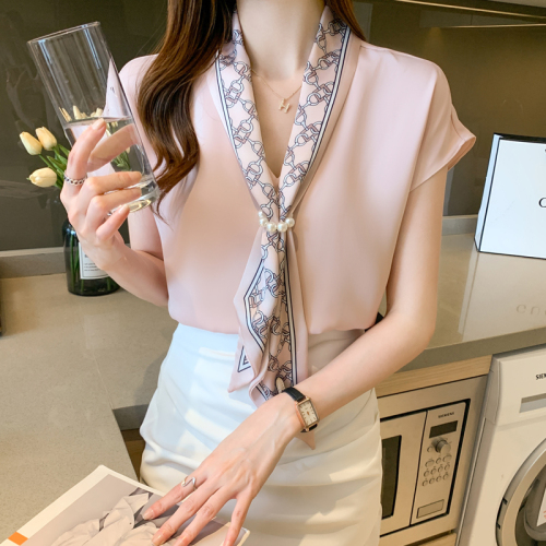 White Tie Shirt women's summer and Korean version sweet short sleeve Tie Shirt loose Satin small shirt shoulder width narrow top