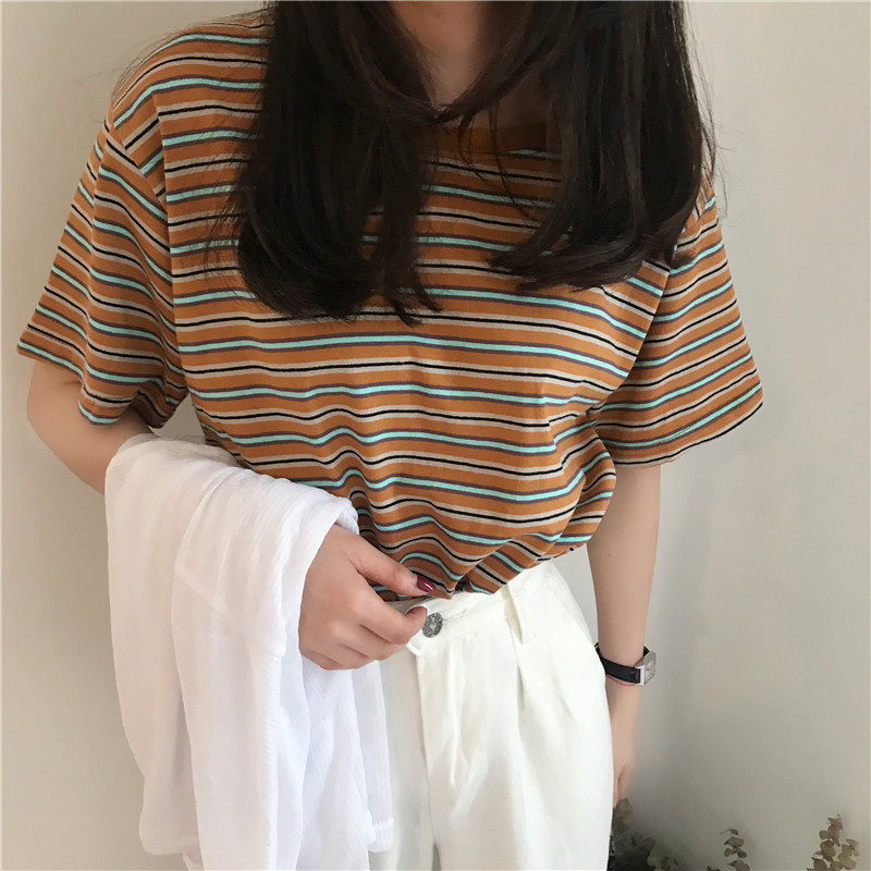 Fashionable summer new striped short sleeve T-shirt women's Korean bottomed shirt women's student top women's fashion