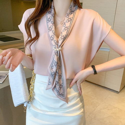 White Tie Shirt women's summer and Korean version sweet short sleeve Tie Shirt loose Satin small shirt shoulder width narrow top