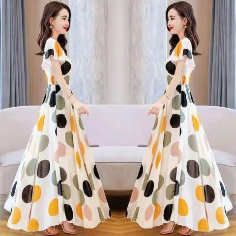 2022 new summer fashion skirt long style waist closing large swing point retro Changsha beach skirt seaside skirt