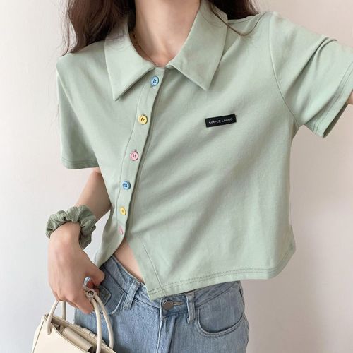 Real price summer new fashion button loose thin polo collar short sleeve T-shirt irregular short top