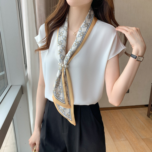 White Tie Shirt women's summer and Korean version sweet short sleeve Tie Shirt loose Satin small shirt shoulder width narrow top