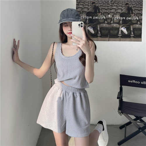 Real shooting Korean version of new solid color short fashion round neck sports vest suspender casual shorts two-piece suit summer