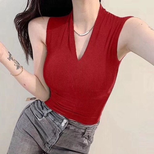 Net red chest exposed navel vest summer 2022 new women's wear Korean ins sleeveless slim fitting V-neck small suspender top