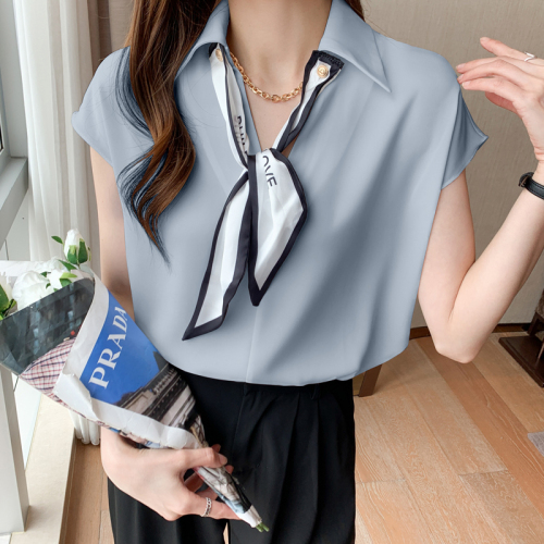 Chiffon short sleeve top women's  summer new style light mature lace up silk scarf design sense white shirt