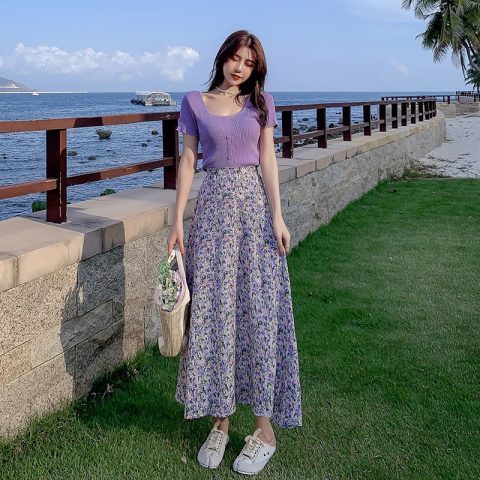 Hepburn wind fairy Purple Floral Skirt can be sweet and foreign, small and tall, female summer