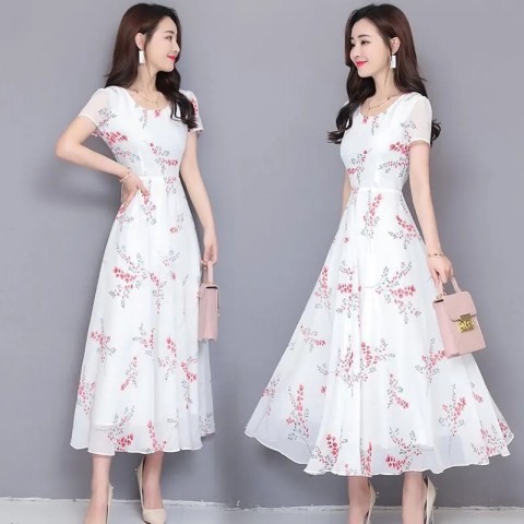 Fashion dress women 2022 summer new floral short sleeved medium and long skirt temperament is thin and large, long skirt women