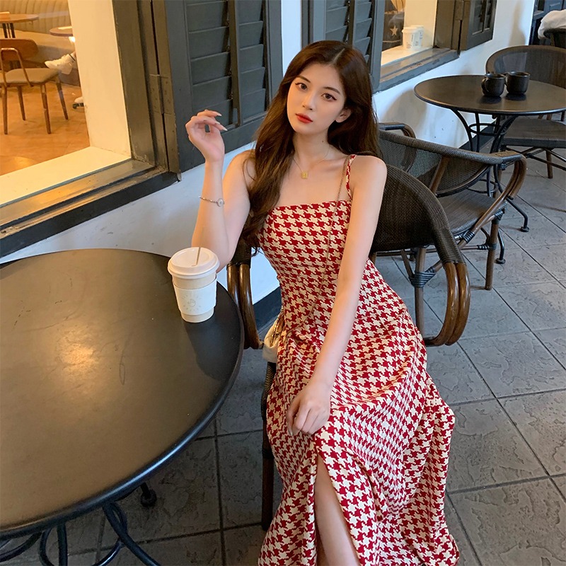 French thousand bird lattice versatile suspender dress new summer super fairy off shoulder split long skirt slim skirt