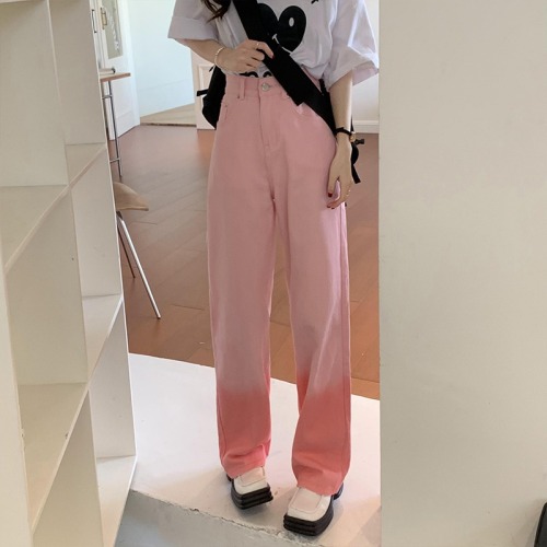 Non real shot gradient Pink Jeans Women's Korean version ins fashion high waist straight tube thin pants