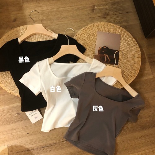 Collarbone solid color short sleeve slim fit T-shirt women's versatile short sexy top 2022 new spring and summer bottoming shirt