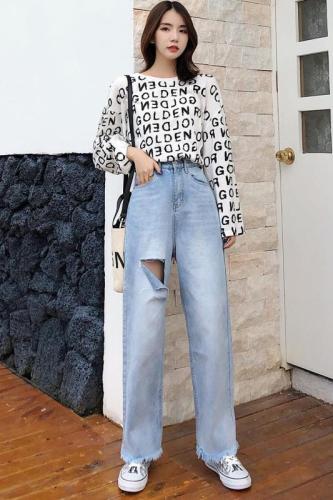 Before and after the actual shooting, the holes are thin and loose. 2022 spring Wide Leg Pants Large jeans women's high waist vertical tube