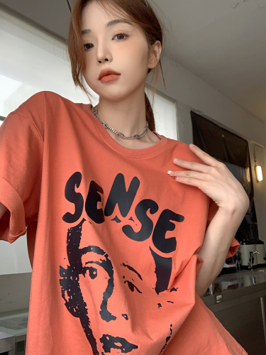 Real shooting summer clothes Korean version ins net red head printing loose and versatile round neck short sleeve T-shirt