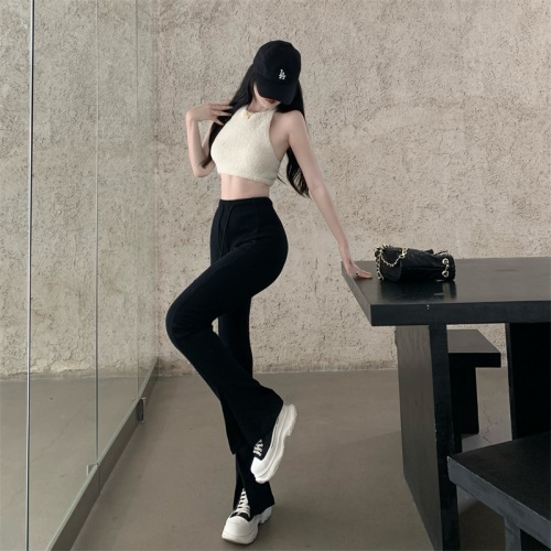 Real shooting, real price, loose feet, forked high waist horn, wide leg pants, slim casual pants