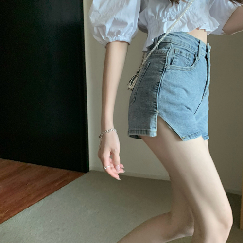 Real shooting, real price, simple and versatile denim shorts, women's high waist, thin, side slit, straight tube, slim fit hot pants, summer